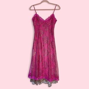 Rare Vintage Betsey Johnson Hot Pink and Metallic Gold Lace Dress Y2K - size 4